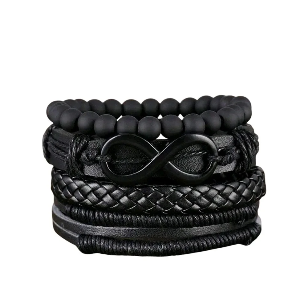 Men's Bracelet‎ Set Infinity Bead Leather Braided Multi Layer Wristband